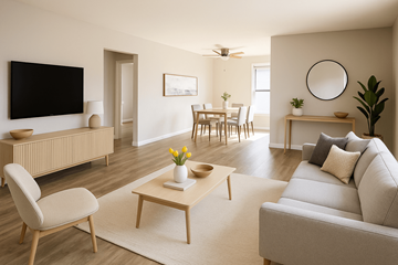 San Jose apartment for rent - A living room with a grey couch, a white chair, a wooden coffee table, a flat screen TV, and a dining table with chairs.