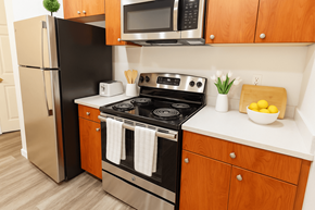 Concord apartment for rent - A modern kitchen with a black stove and wooden cabinets.