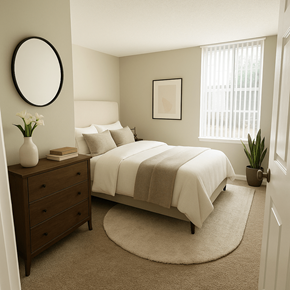 Concord apartment for rent - A bedroom with a bed, dresser, and a plant.