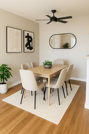 Concord apartment for rent - A dining room with a table, chairs, and a ceiling fan.