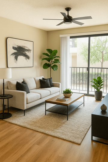 Concord apartment for rent - A living room with a white couch, a coffee table, and a ceiling fan.