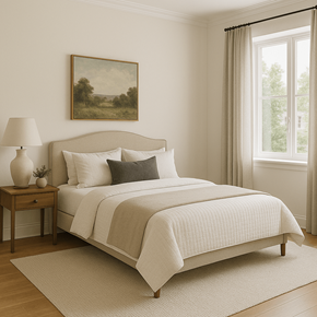 Pleasant Hill apartment for rent - A bedroom with a large bed and a painting on the wall.