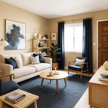 Santa Clara apartment for rent - A living room with a white sofa, a wooden coffee table, a blue chair, and a large abstract painting on the wall.