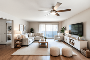 Concord apartment for rent - A living room with a white sofa, a wooden coffee table, and a flat-screen TV mounted on the wall.