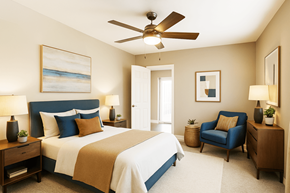 Concord apartment for rent - A bedroom with a bed, chair, and ceiling fan.