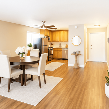 Concord apartment for rent - A modern kitchen with a dining table set for four.
