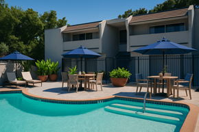 Concord apartment for rent - A pool surrounded by chairs and umbrellas with a house in the background.