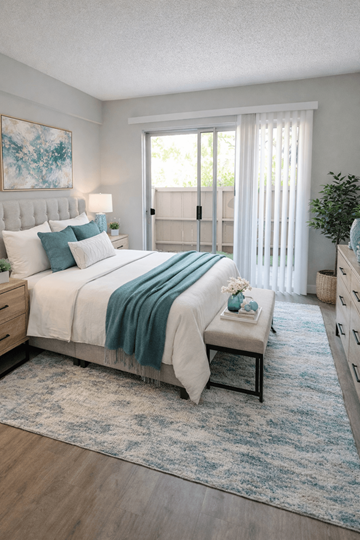 Fremont apartment for rent - A bedroom with a large bed and a painting on the wall.