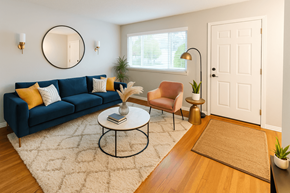 Newark apartment for rent - A living room with a blue couch, a round mirror, and a wooden floor.