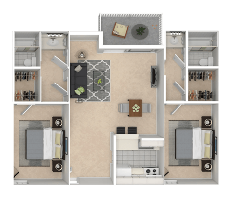 Floor plan for 2 beds, 2 baths, 985 sqft