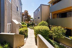 Concord apartment for rent - A pathway with a wall on one side and a hedge on the other, with buildings in the background.