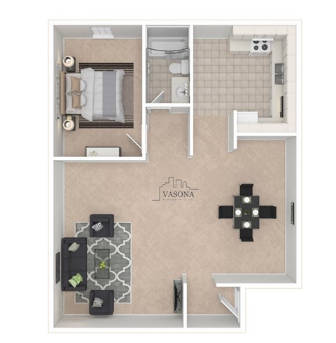 Floor plan for 1 bed, 1 bath, 646 sqft