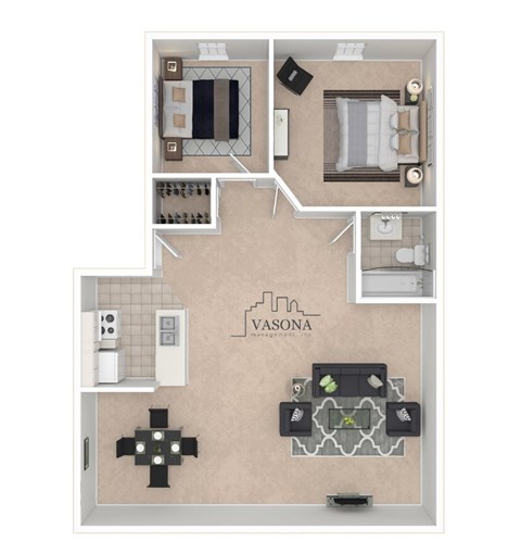 Floor plan for 2 beds, 1 bath, 940 sqft