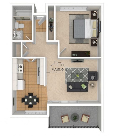 Floor plan for 1 bed, 1 bath, 735 sqft
