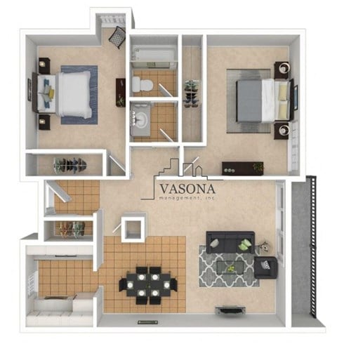 Floor plan for 2 beds, 1 bath, 965 sqft