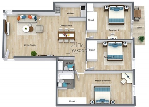 Floor plan for 3 beds, 2 baths, 1208 sqft