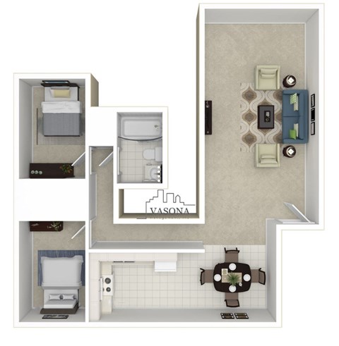Floor plan for 2 beds, 1 bath, 784 sqft