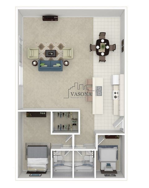 Floor plan for 2 beds, 2 baths, 977 sqft