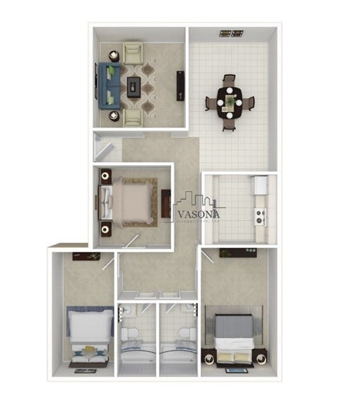Floor plan for 3 beds, 2 baths, 1164 sqft