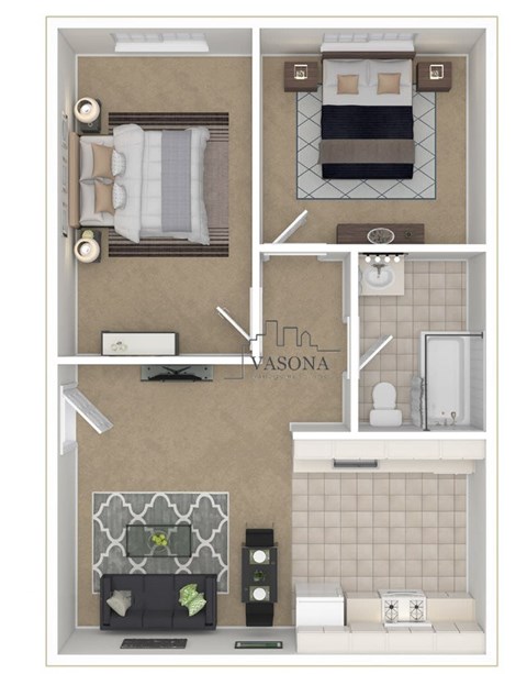 Floor plan for 2 beds, 1 bath, 750 sqft