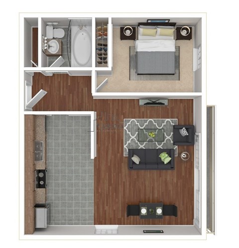 Floor plan for 1 bed, 1 bath, 650 sqft