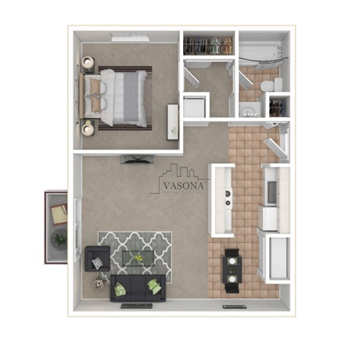 Floor plan for 1 bed, 1 bath, 654 sqft