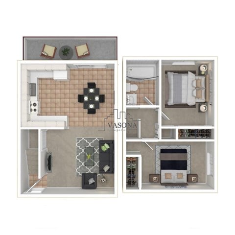 Floor plan for 2 beds, 1 bath, 976 sqft