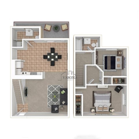 Floor plan for 2 beds, 1.5 baths, 821 sqft