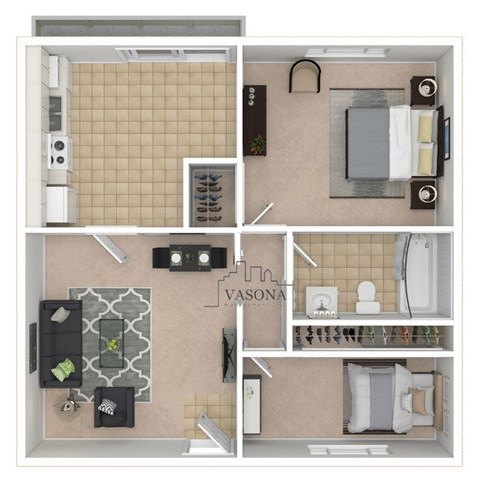 Floor plan for 2 beds, 1 bath, 925 sqft
