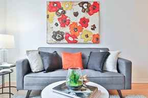 Fairfield apartment for rent - A grey couch with pillows and a painting above it.