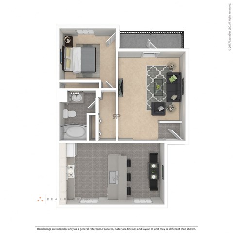 Floor plan for 1 bed, 1 bath, 527 sqft