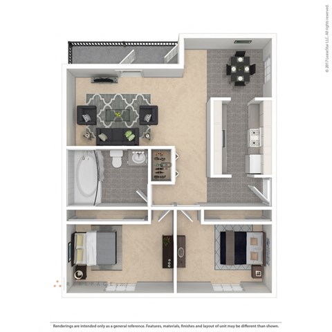 Floor plan for 2 beds, 1 bath, 696 sqft