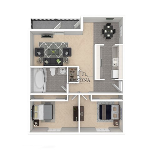 Floor plan for 2 beds, 1 bath, 840 sqft