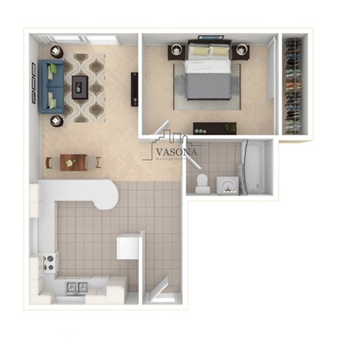 Floor plan for 1 bed, 1 bath, 740 sqft