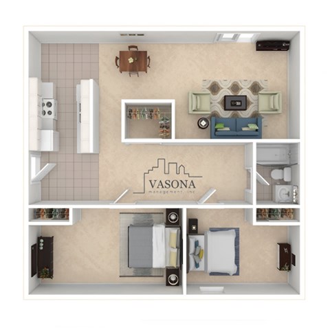 Floor plan for 2 beds, 1 bath, 890 sqft