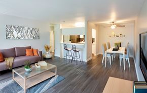 Fremont apartment for rent - A modern living room with a grey sofa, a glass coffee table, and a dining area in the background.