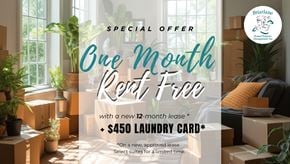 Toronto apartment for rent - A promotional image for a special offer on a 12-month lease with a $450 laundry card.