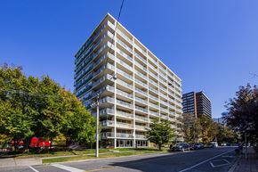 Toronto apartment for rent - A tall building with many windows is surrounded by trees and a street with cars.