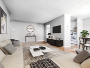 Etobicoke apartment for rent - A modern living room with a white couch and a black and white rug.