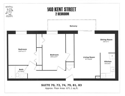 Floor plan for 2 beds, 1 bath, 671 sqft