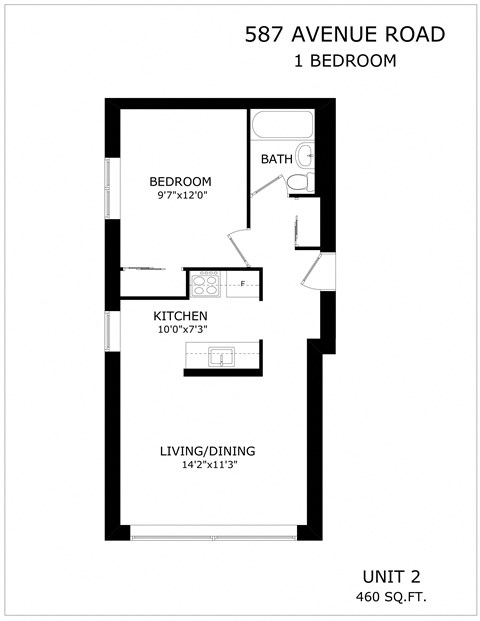 Floor plan for 1 bed, 1 bath, 465 sqft