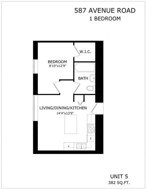 Floor plan for 1 bed, 1 bath, 382 sqft