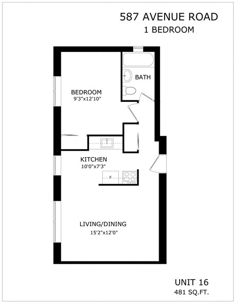 Floor plan for 1 bed, 1 bath, 498 sqft