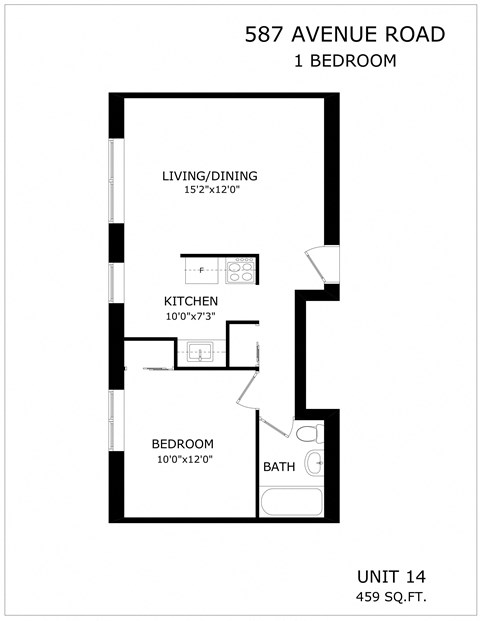 Floor plan for 1 bed, 1 bath, 459 sqft