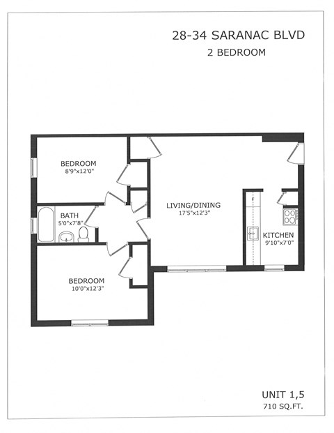 Floor plan for 1 bed, 1 bath, 710 sqft