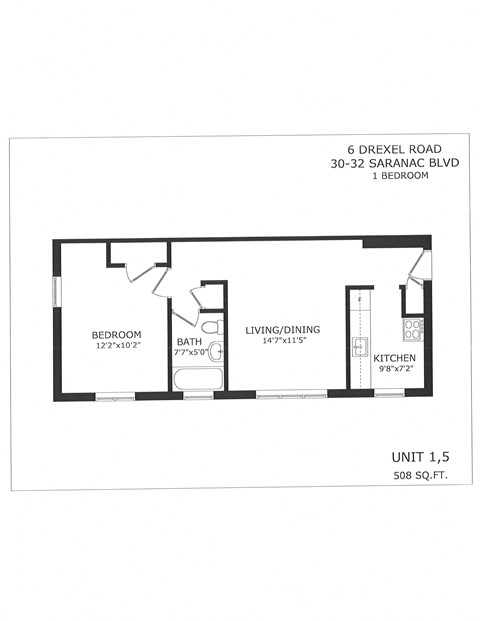 Floor plan for 1 bed, 1 bath, 508 sqft