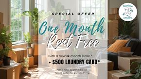 North York apartment for rent - A promotional image for a special offer on a 12-month lease with a $500 laundry card.