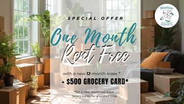 North York apartment for rent - A promotional image for a one month rent free offer with a $500 grocery card from Briarlane Brand Properties.
