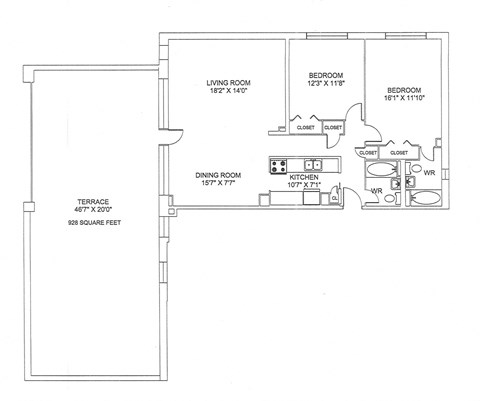 Floor plan for 2 beds, 2 baths, 1209 sqft