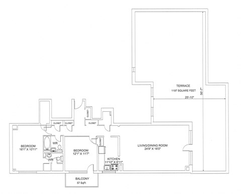 Floor plan for 2 beds, 2 baths, 1296 sqft